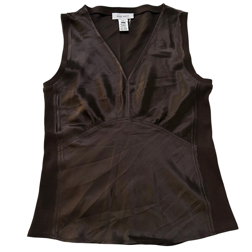 VTG Nine West Silk Tank Top Women M Brown V-Neck Office Siren Corporate Chic Y2K